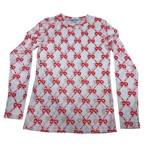 Blakeley Womens White Red Bow Sheer Mesh Long Sleeve Top L/XL Coquette NWOT